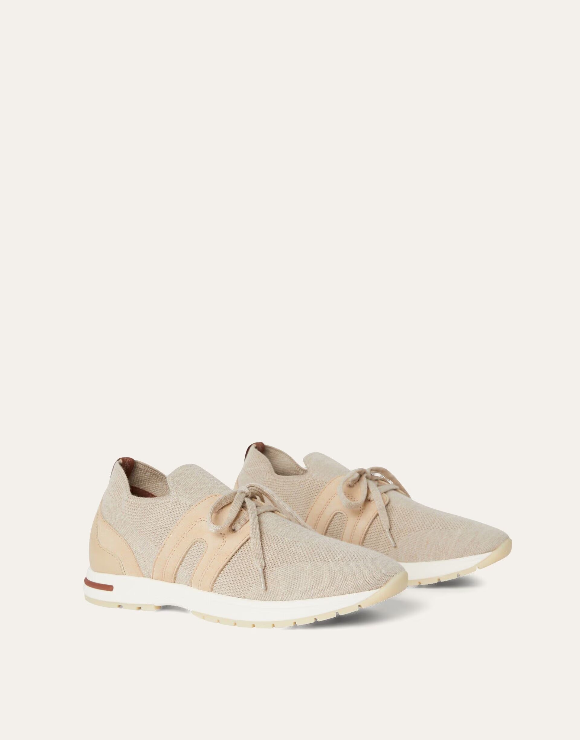 Loro Piana Walk knit sneakers in sand-toned wool with suede laces, caramel trims and white sole